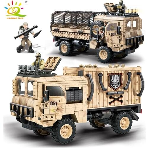 HUIQIBAO 892PCS WW2 Military Heavy Truck Vehicle Building Blocks 2 Army Soldier Weapon Car Bricks Construction Toys for Children