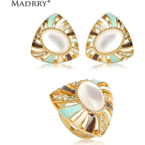 Madrry Fashion Triangle Shape Earrings Ring Jewelry Sets Gold color Orecchini Aros Ring For Women