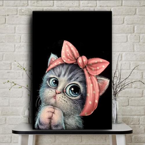Cute Cartoon Bow Cat Poster Animal Print Canvas Painting Art Wall Design Modern Nordic Picture for Children Room Decoration