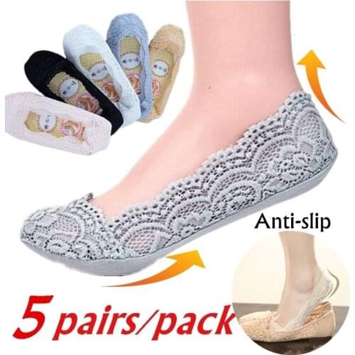 5pair/pack Women Girls Fashion Cotton Invisible Anti-slip Ankle Socks Lace Socks Women Invisible Socks No Show Socks Non-slip