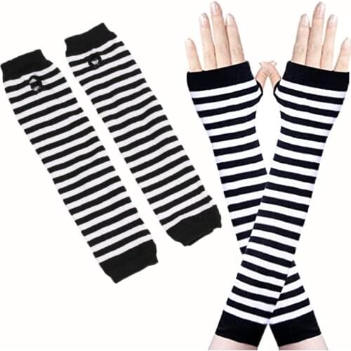 Trendy Women Lady Striped Solid Elbow Gloves Warmer Knitted Half Finger Gloves Elbow GlovesMittens Christmas Accessories Gift