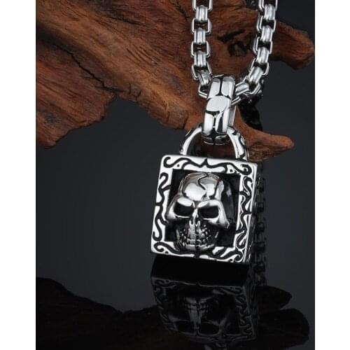 Flame grain titanium steel men square skull pendant unique alternative