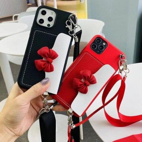 Sweet Bowknot Leather Coin Bags Soft Phone Case for iPhone 12 Pro Max Mini X XS XR 11Pro 7 8 Plus 6 6S 5 5S SE 2020 With Strap