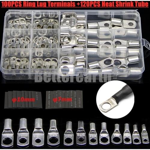 220/140/65PCS 4-25mm Assortment Tinned Copper Lugs Ring Crimp Terminals Battery Wire Welding Cable Connectors Kit
