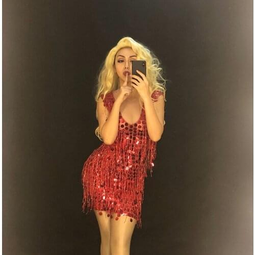 New Sparkly red Fringes Rhinestones dress Women Stage sequines Dance Costume Nightclub Dance woman Singer Show Bright dresses