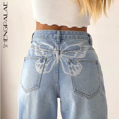 SHENGPALAE Butterfly Print Jeans Womens Spring 2021 New High Waist Straight Casual Streetwear Denim Pants Female Trendy 5B418