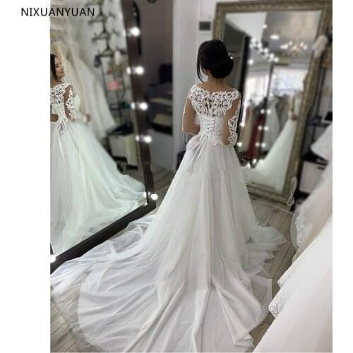 Long Sleeves Wedding Dresses A Line Lace Appliques Vestido De Mariee Sheer O Neck Corset Back Sweep Train Brides Wedding Gowns