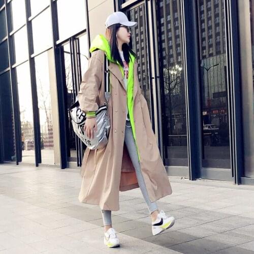 Hooded Trend Trench Coat Outwear 2021 Spring New Loose Oversize Ladies Long Trench Coat Khaki Women Windbreaker Long Sleeve