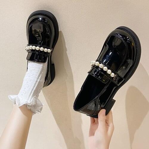 Women Oxford Shoes Crystal Low Heels Patent Leather Casual Shoes Pearls Loafers Black Lolita Platform Slip on Boat Shoes 9317L