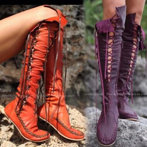 Women Medieval Retro Tall Tube Lace Up Leather Shoes British Style Men Carnival Elf Party Knight Performance Cosplay Boot