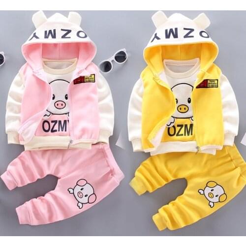 Spring Winter Children Thicken Clothes Baby Boy Girls Velvet Hooded Vest Cartoon Pants 3Pcs/sets Kids Infant Casual Sportswear