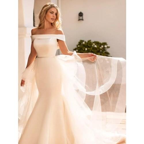 Vestido De novia De satén con hombros descubiertos, cuello en , lazo en la espalda, pliegues De satén, corte en A