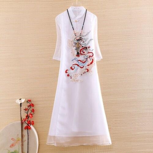 High-end Spring Organza Women Cheongsam Dress Retro Elegant Embroidery Pipa Fairy Loose A-line Lady Party Qiapao Dress S-XXL