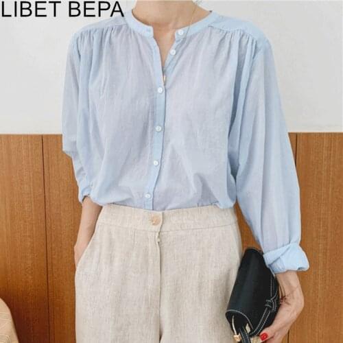 New 2021 Summer Autunm Womens Blouses Cotton and Linen Single Breasted Elegant Shirts Korean Style Blue Lady Wild Tops BL3017