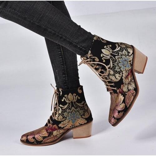 Retro Shoes Women Embroidery Flower Ankle Boots Lady Elegant Lace Up Female Silk Wood Chunky High Heel Botas Mujer 2021