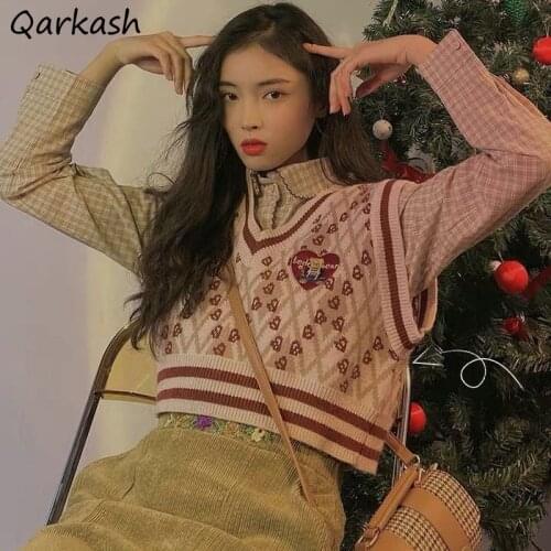 Women Sweater Vest Striped Vintage V-neck Short-style Crop Tops Spring Ulzzang Knitted Embroidery Sweet Cute Retro Casual Chic