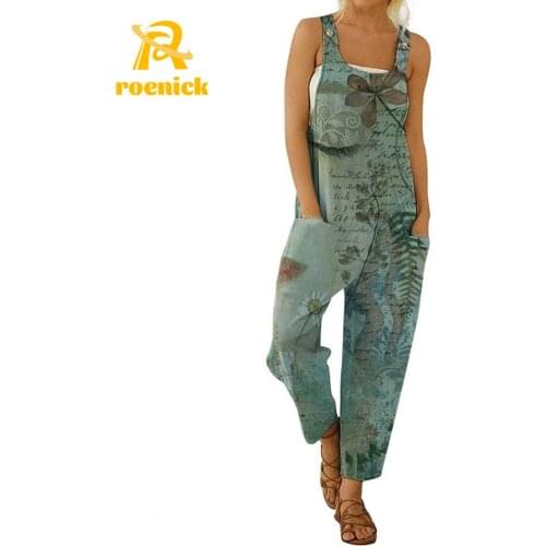 ROENICK Women 2021 Summer Elegant Geometry Print Jumpsuits Overalls Casual Sleeveless Strappy Romper Ladies Sexy Loose Bodysuit