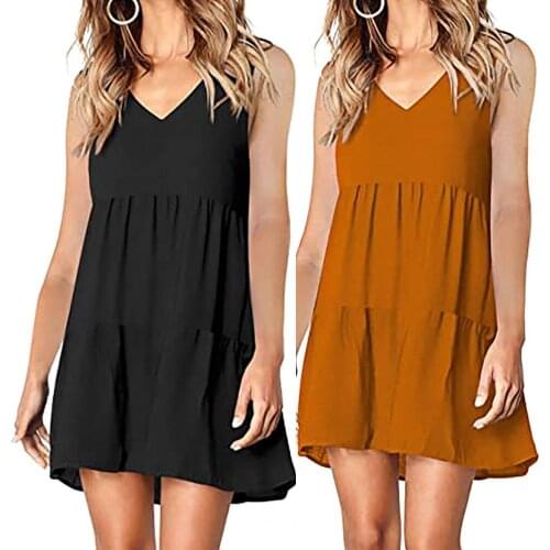 Women Summer Sleeveless Dress Casual V Neck Ruffle Hem Loose Mini Dress Sundress Solid Color Short Dresses 2021 Female Vestidos
