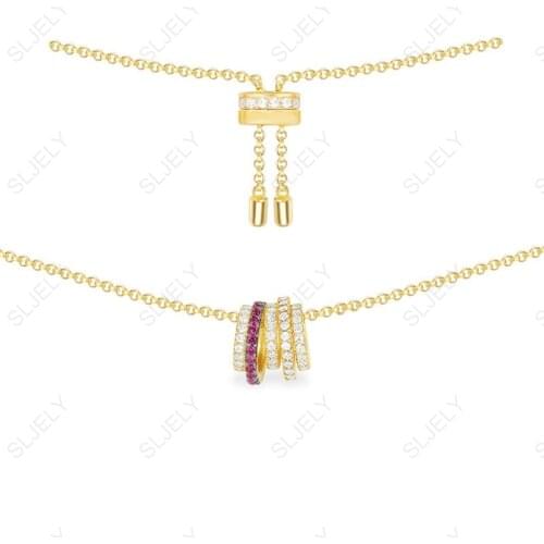 SLJELY Women 925 Sterling Silver Yellow Gold Color Multi Hoop Circles Adjustable Necklace with White & Burgundy Red Zirconia CZ
