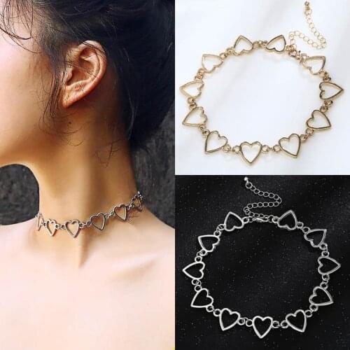 1Pc Golden Silver Heart Sweet Hollow Out Choker Adjustable Punk Style Beautiful Necklaces Females Girls Accessories Seaside