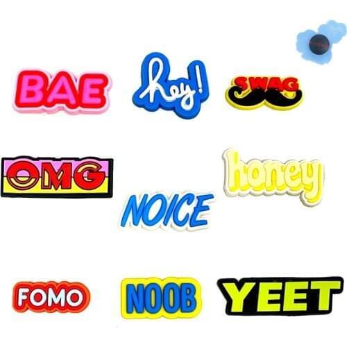 50Pcs Wholesale Cool Words Honey PVC Shoes Accessories Kids Garden Shoe Decorations Fit DIY Wristband Croc Jibz Charm