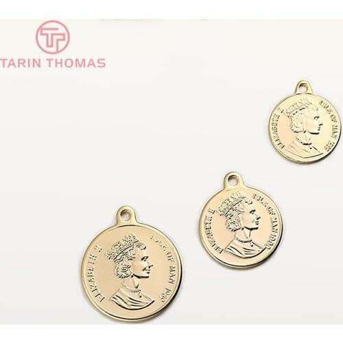 6PCS 13*15MM 15*18MM 18*21MM 24K Gold Color Brass Queen of England Coin Charms Pendants Diy Jewelry Findings Accessories