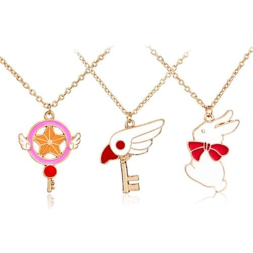 Anime Card Captor Star Sticks Rooster Rabbit Key Pendant Necklaces Long Section Sweater Chain Choker Necklace Women Jewelry Gift