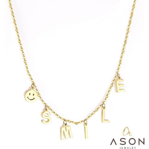 ASONSTEEL Collier Female 2019 Stainless Steel Smile Face Letters Pendant Necklace Gold Color 45cm+5cm Long Chain Necklace Friend