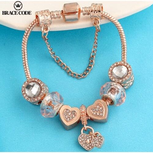 BRACE CODE Rose Gold Charm Women Bracelet DIY Heart-shaped Beaded Pendant Fashion Bracelet Jewelry Gift Direct Shipping