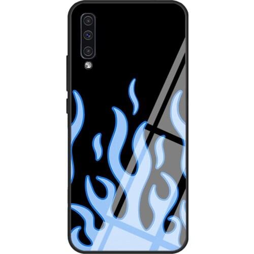 Flame Aesthetic Light Blue Flame Print Tempered Glass Case For Samsung A52 A12 A32 A42 A72 A31 A51 A71 A40 A50 A70 A20e A21S