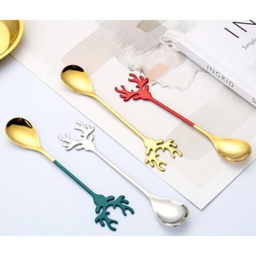 Dessert Spoon Mirror Polish Antler Shape Stainless Steel Long Handle Mirror Polish Coffee Spoon for Desserts Dessert Spoon