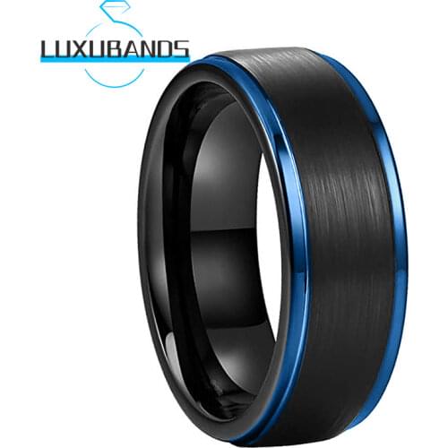 8MM Two-Tone Tungsten Ring For Men Wemen Engagement Blue Stepped Edges Black Brushed Finished Comfort Fit