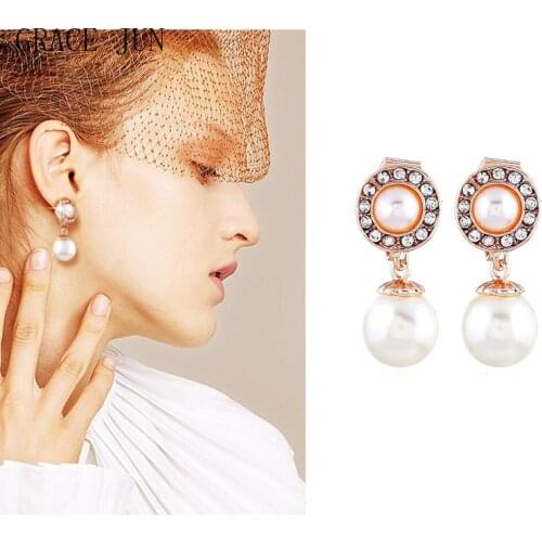 GRACE JUN Fashion Clip on Earrings No Pierced for Women Rhinestone Simulated Pearl Cuff Earrings High Quality Stud Fake Earrings