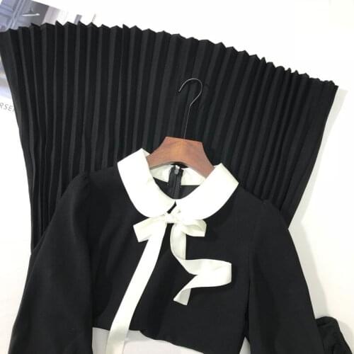 Huajia 21 spring and summer ribbon baby collar bow 7 / 6 sleeve Pleated Dress womens small black skirt new fe2602