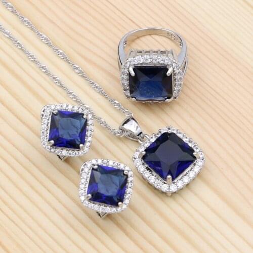 Blue Cubic Zirconia White Crystal Earrings/Pendant/Necklace/Ring Set 925 Sterling Silver Jewelry Sets For Women