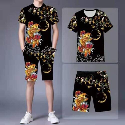 Carp print suit mens casual couple suit street casual wear summer round neck short-sleeved T-shirt shorts 2-piece set