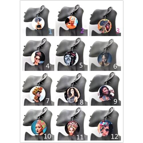 Round african woman wooden earrings