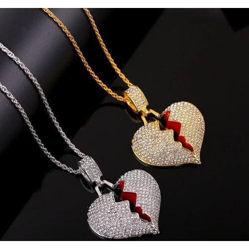 Fashion Broken Heart Pendant Necklaces Women Men Hip Hop Jewelry Gold Silver Color Iced Out Chain Rhinestone Statement Necklace