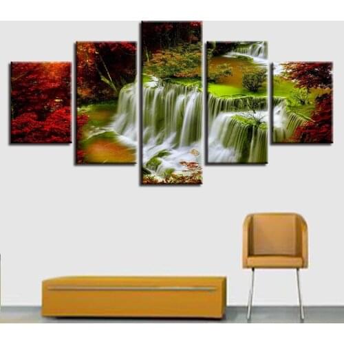 Wall Art Poster Painting Printing 5 Pieces Red Tree Waterfall Natural Landscape Canvas Pictures Modular Decor Living Room Frames