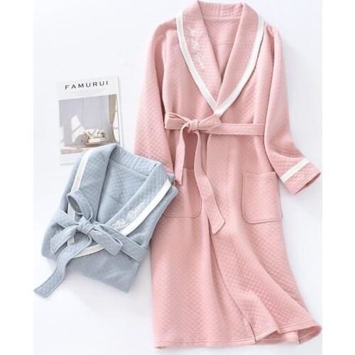 Lovers Autumn Winter Long Knitted 100% Cotton Air Layer Quilted Nightdress Nightgown Men And Women Korean Embroidery Sleepwear