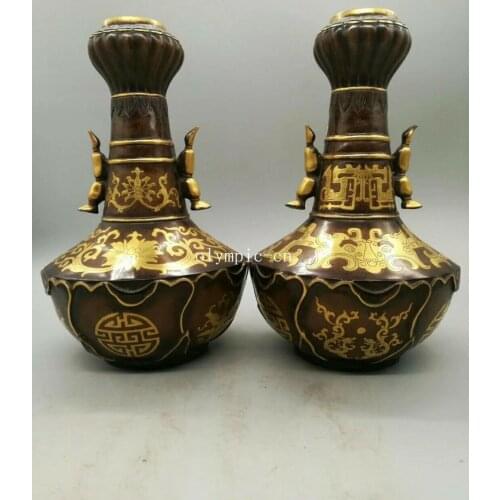 Pair 12'' pure bronze red copper gold lotus flower dragon home decor vase statue