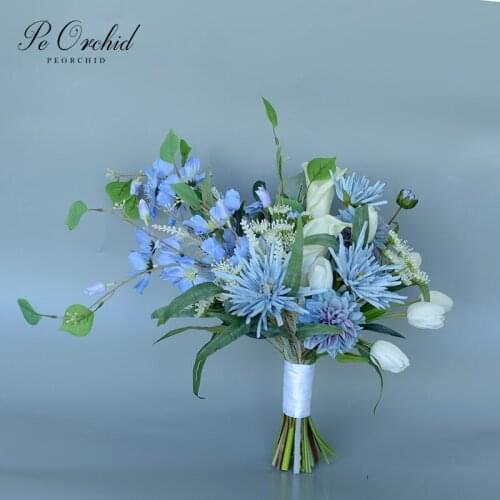 PEORCHID Vintage Blue Wedding flowers Bridal Bouquet Photography Bride Bridesmaid Gift Faux Bouquet De fleur Decor New 2021