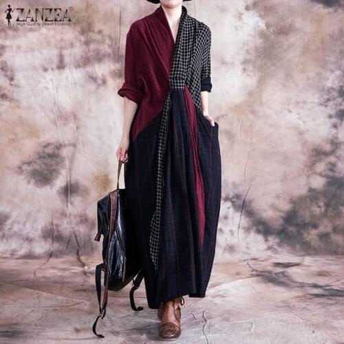 Women Casual Long Maxi Vestidos Spring Vintage Check Patchwork Party Dress Autumn Fashion Long Sleeve Sundress Female Tunic Robe