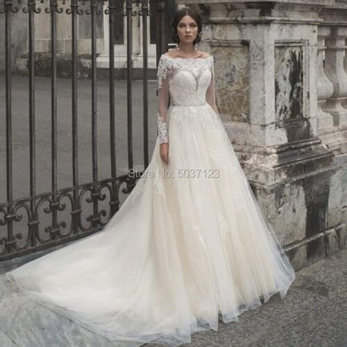 Light Champagne Wedding Dresses Lace Appliques Off the Shoulder Long Sleeves Button Illusion Vestido De Noiva Bridal Gowns