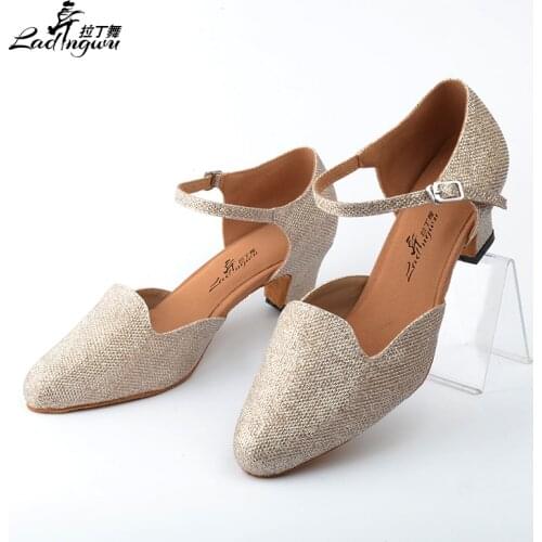 Ladingwu Golden Flash Cloth Womens Salsa Dance Shoes Closed Toe Soft Bottom Latin Ballroom Square Dance Shoes Heel 5/6/8.3cm