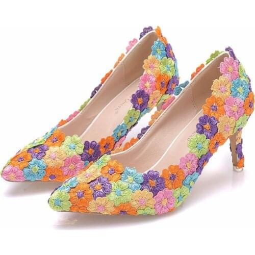 Women Shoes Colorful Lace Wedding Shoes 7CM High Heels Big Size Shoes Sweet Pumps Princess Party Heels