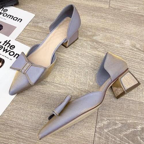 Korean Butterfly-knot plating heels pumps woman sandals cut out satin talons hauts pointed toe thick high heels shoes women 2021