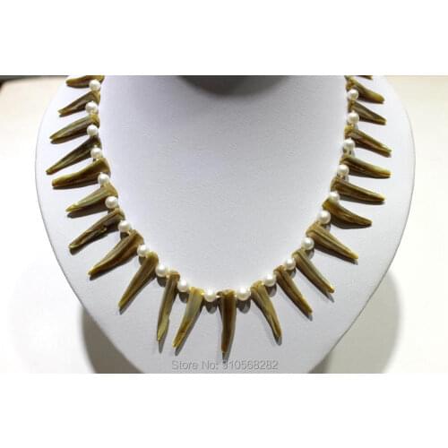 White fresh water pearl beads and champagne wolf tooth shell necklace 6.5-7mm 7x20mm 45cm