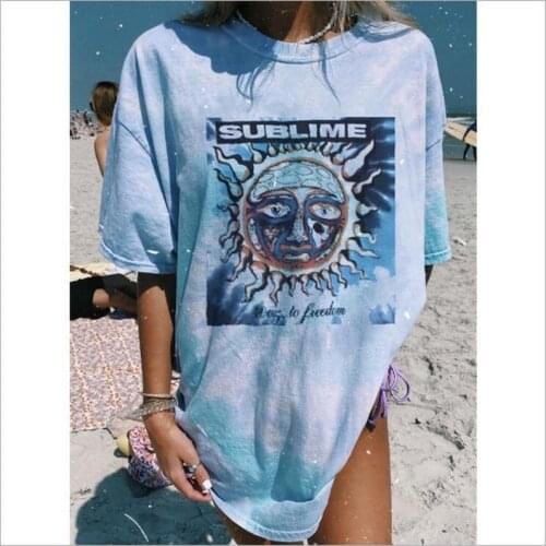 2021 Summer Oversized Women Graffiti letter Printed Blue Tee Shirt O Neck Short Sleeve Casual Streetwear Female Loose T-shirt