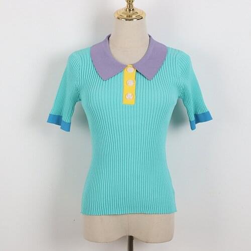 Lapel Ice Silk Knit Short-Sleeved T-Shirt Women Summer 2021 New Color Stitching Sweet Pink Top Polo Collar Top Tee Clothes